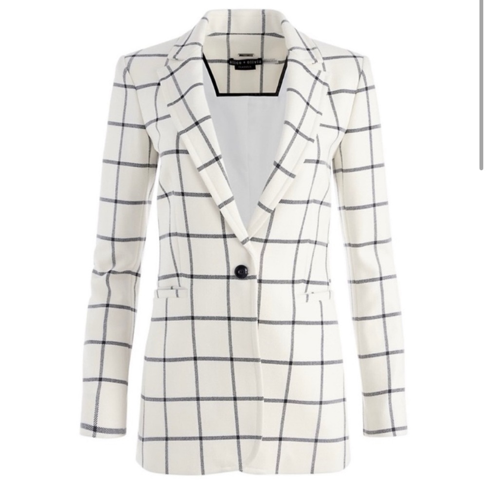 Alice and Olivia Breann Padded Shoulder Blazer Sz 12 Window Pane Plaid White - Picture 2 of 11